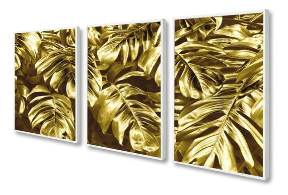 Kit 3 Quadros Folhagens Douradas Decoração Botânico Molduras