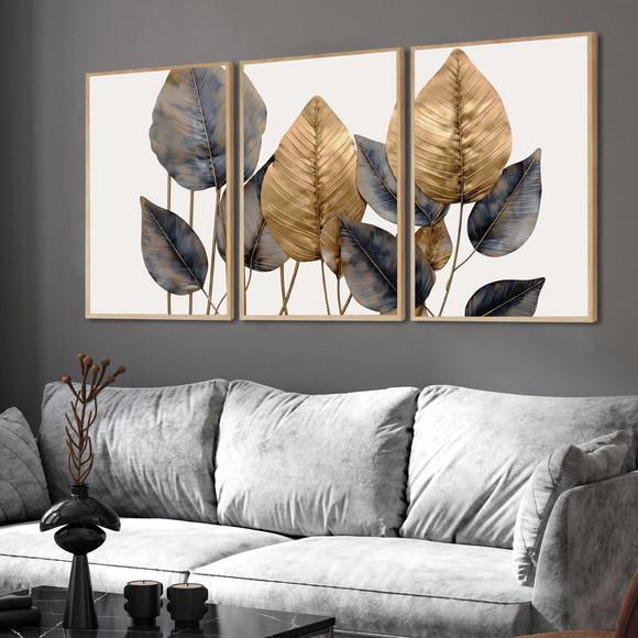 Kit 3 Quadros Folhas Paisagem Decoração com Moldura Vidro