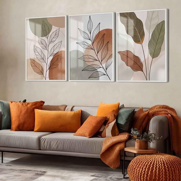 Kit 3 Quadros Folhas Paisagem Decoração com Moldura Vidro