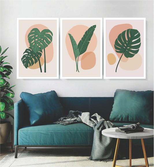 Kit 3 Quadros Folhas Plantas Verdes Decoração De Home Office
