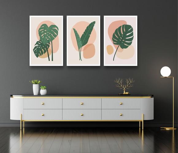 Kit 3 Quadros Folhas Plantas Verdes Decoração De Home Office
