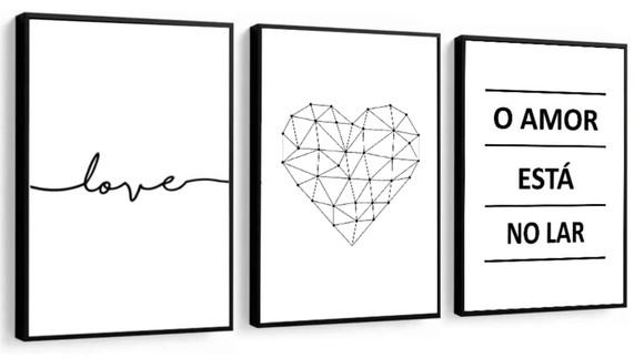 Kit 3 Quadros Frases Amor Decoração Quarto Casal Com Moldura