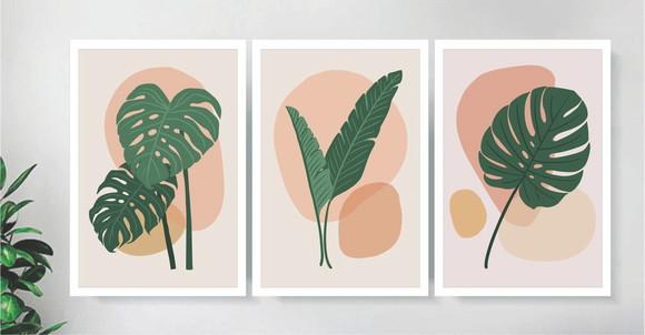 Kit 3 Quadros Folhas Plantas Verdes Decoração De Home Office