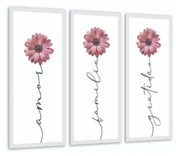 Kit 3 Quadros Frases Amor Família Gratidão Decoração Moldura