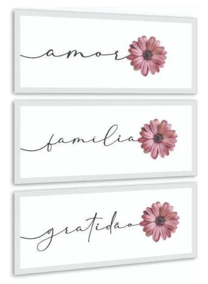 Kit 3 Quadros Frases Amor Família Gratidão Decoração Moldura