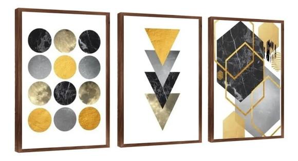 Kit 3 Quadros Geométrico Abstrato Amarelo Decoração Moldura