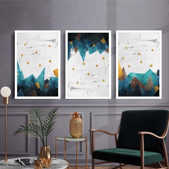 Kit 3 Quadros Geométrico Abstrato Azul Decoração Com Moldura