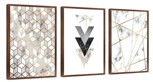 Kit 3 Quadros Geométrico Abstrato Mármore Decoração Moldura