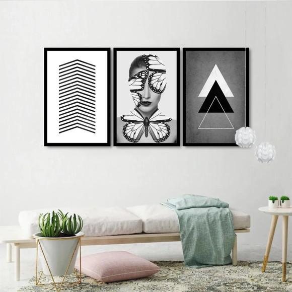 Kit 3 Quadros Geométrico Abstrato Mulher Decoração Moldura