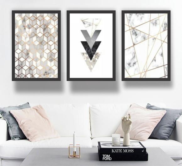 Kit 3 Quadros Geométrico Abstrato Mármore Decoração Molduras
