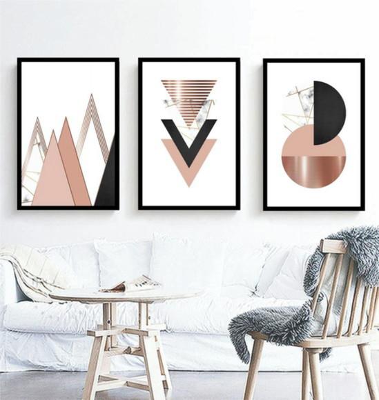Kit 3 Quadros Geométrico Abstrato Neutro Decoração Molduras