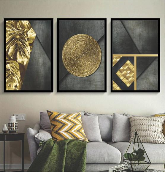 Kit 3 Quadros Geométrico Folhagem Dourada Decoração Molduras