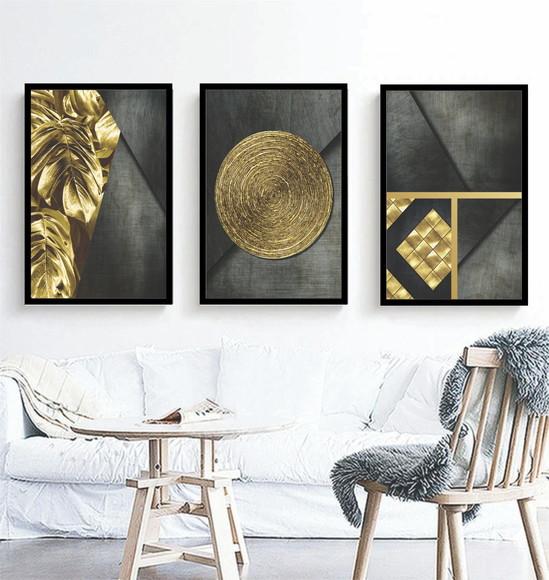Kit 3 Quadros Geométrico Folhagem Dourada Decoração Molduras