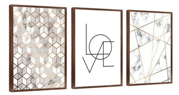 Kit 3 Quadros Geométrico Mármore Abstrato Decorativo Moldura