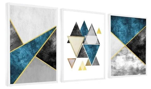 Kit 3 Quadros Geométrico Tons Azul Dourado Decoração Moldura