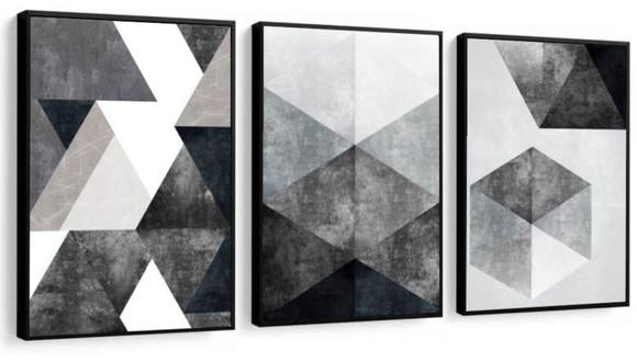 Kit 3 Quadros Geométricos Abstratos Preto e Branco Decoração