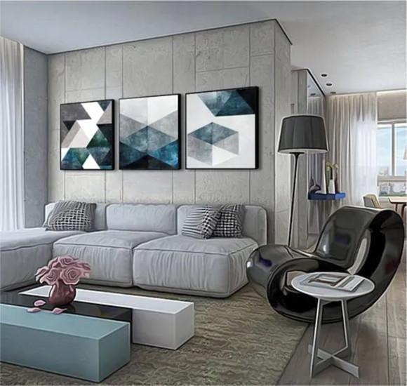 Kit 3 Quadros Geométricos Para Decoração De Sala Com Moldura