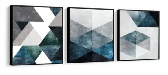 Kit 3 Quadros Geométricos Para Decoração De Sala Com Moldura