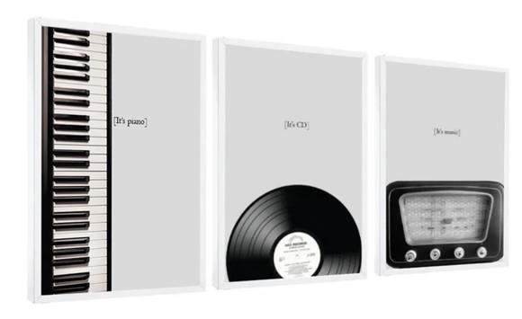 Kit 3 Quadros Guitarra Disco Piano Decoração Musica Moldura