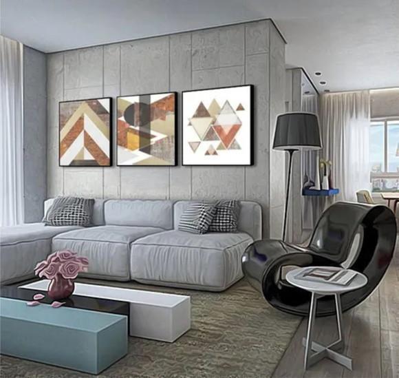 Kit 3 Quadros Geométricos Para Decoração De Sala Com Moldura