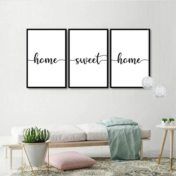Kit 3 Quadros Home Sweet Home Frases Decoração Com Molduras
