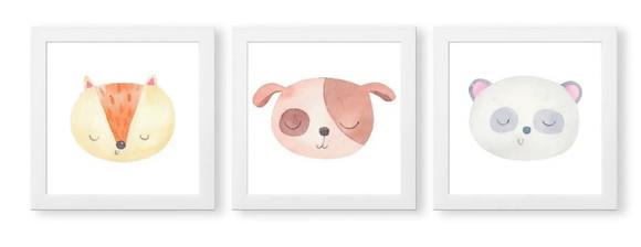 Kit 3 Quadros Infantil Desenho Animal Fofo Decoração Moldura