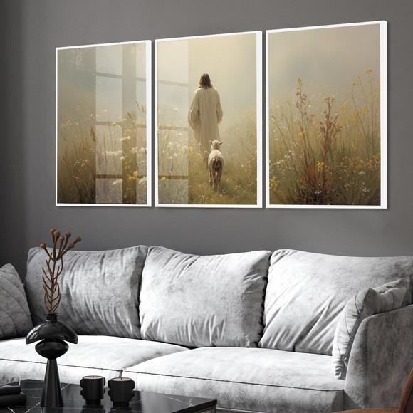Kit 3 Quadros Jesus Cristo Paisagem Cordeiro Moldura Vidro