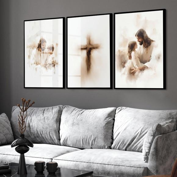 Kit 3 Quadros Jesus Cristo Fé Decoração com Moldura Vidro