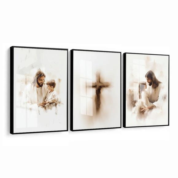 Kit 3 Quadros Jesus Cristo Fé Decoração com Moldura Vidro