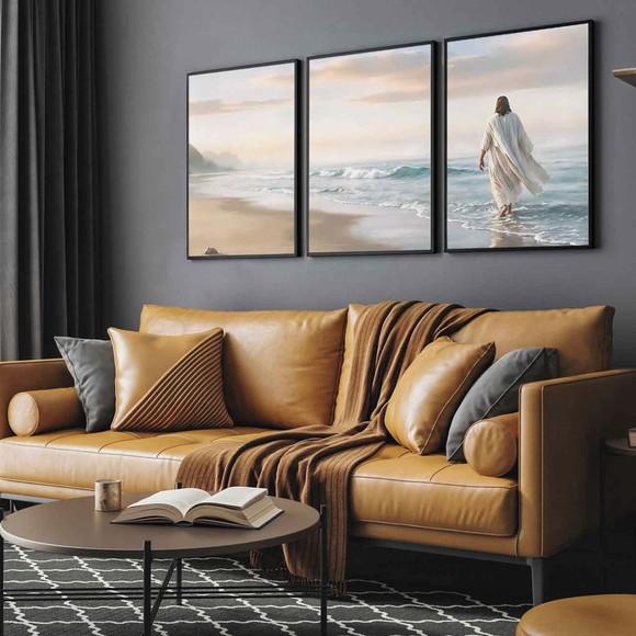 Kit 3 Quadros Jesus Cristo Paisagem Decoração Moldura Vidro