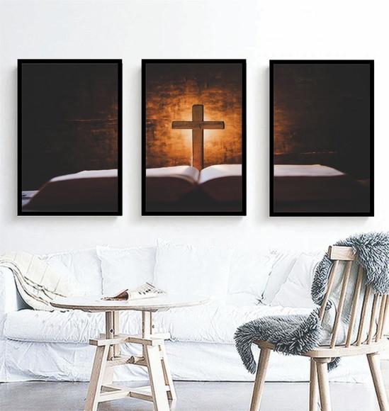 Kit 3 Quadros Jesus Cristo Religioso Fé Decoração Molduras