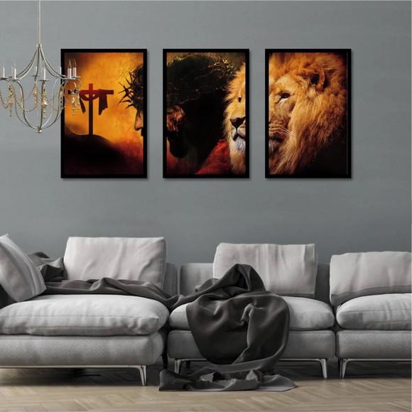 Kit 3 Quadros Leão Jesus Cristo Oração Decoração Com Moldura
