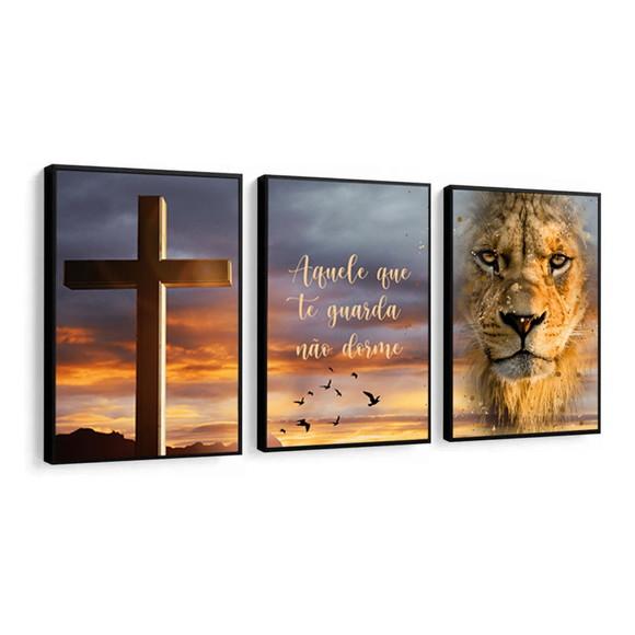 Kit 3 Quadros Leão Jesus Cristo Oração Decoração Com Moldura