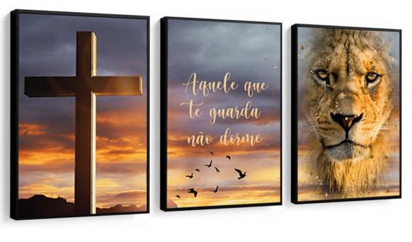 Kit 3 Quadros Leão Jesus Cristo Oração Decoração Com Moldura