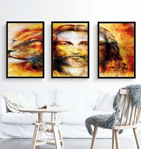 Kit 3 Quadros Leão Jesus Decoração Religioso Com Molduras