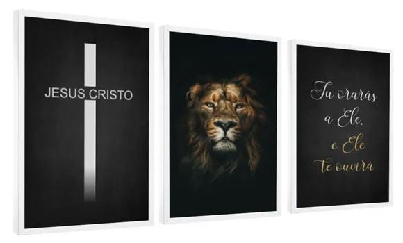 Kit 3 Quadros Leão Oração Jesus Frases Decoração Com Moldura