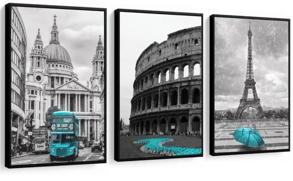 Kit 3 Quadros Londres Coliseu Paris Azul Decoração Molduras