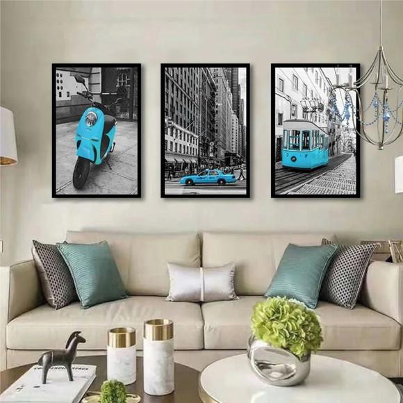 Kit 3 Quadros Londres Nova York Taxi Azul Decoração Molduras