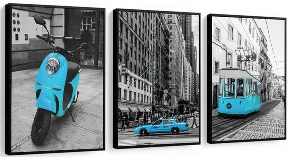 Kit 3 Quadros Londres Nova York Taxi Azul Decoração Molduras