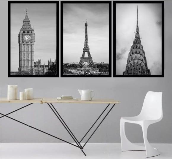Kit 3 Quadros Londres Paris e Nova York Conjunto Com Moldura