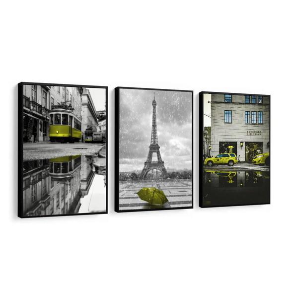 Kit 3 Quadros Londres Ny e Paris Decoração Cidades Molduras