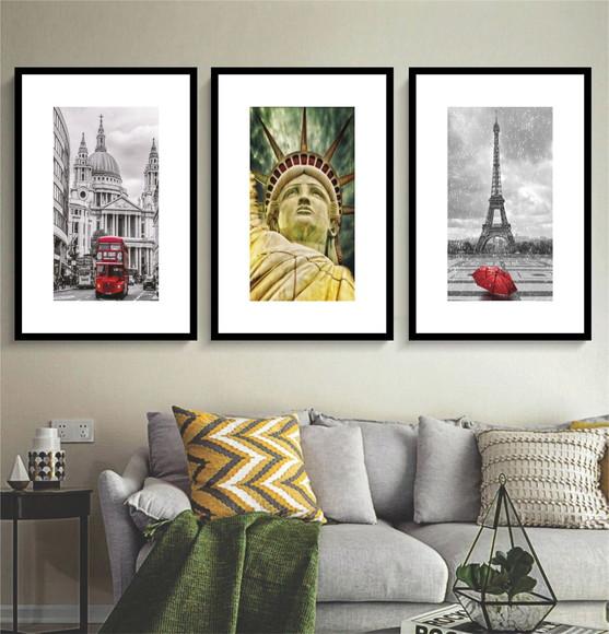 Kit 3 Quadros Londres Paris e Nova York Decoração Molduras