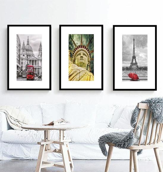 Kit 3 Quadros Londres Paris e Nova York Decoração Molduras