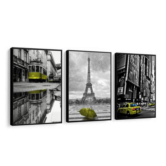 Kit 3 Quadros Londres Paris e Ny Decoração Cidades Molduras