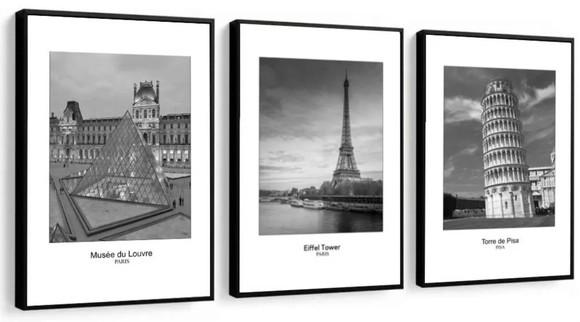 Kit 3 Quadros Londres Paris Pisa Roma Decoração Com Molduras