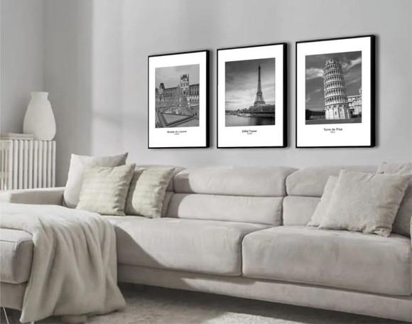 Kit 3 Quadros Londres Paris Pisa Roma Decoração Com Molduras