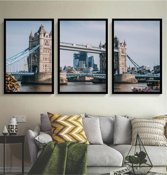 Kit 3 Quadros Londres Tower Bridge Ponte Decoração Molduras