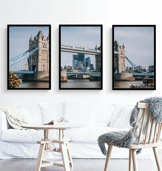 Kit 3 Quadros Londres Tower Bridge Ponte Decoração Molduras