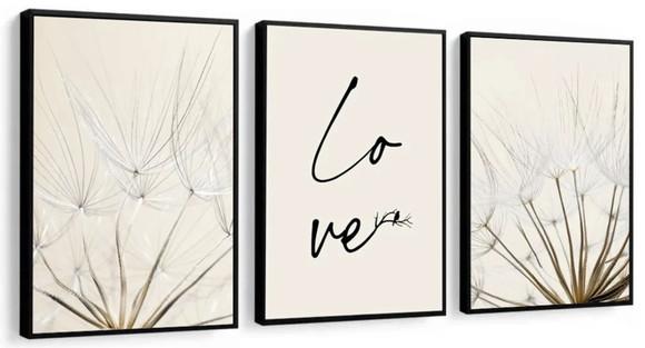 Kit 3 Quadros Love Flor Dente De Leão Decoração Com Moldura