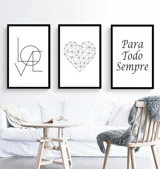 Kit 3 Quadros Love Frases para Todo Sempre Decoração Moldura